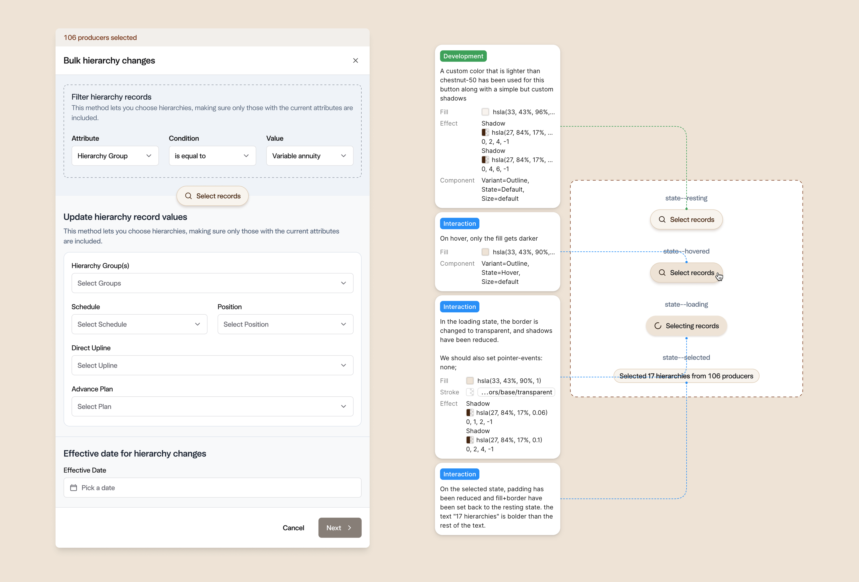 The Bonsai spec board: the bulk hierarchy form specified end to end, and the button drawn across resting, hovered, loading, and selected states, with development and interaction annotations wiring fills, shadows, and tokens to each specimen