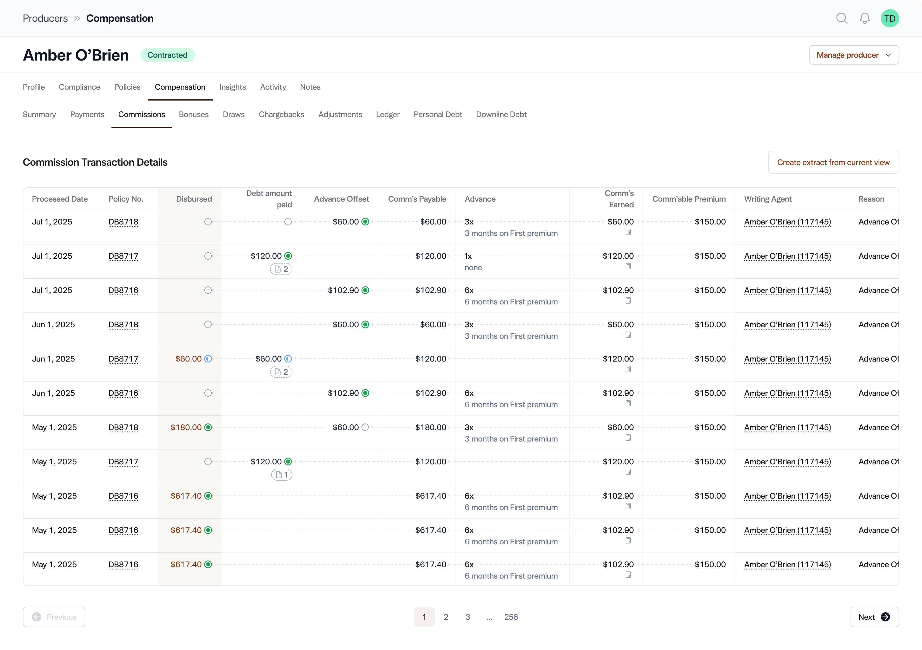 A producer's compensation screen: profile tabs over the commission transaction ledger, with disbursed, debt paid, advance offset, payable, advance, earned, and premium per policy