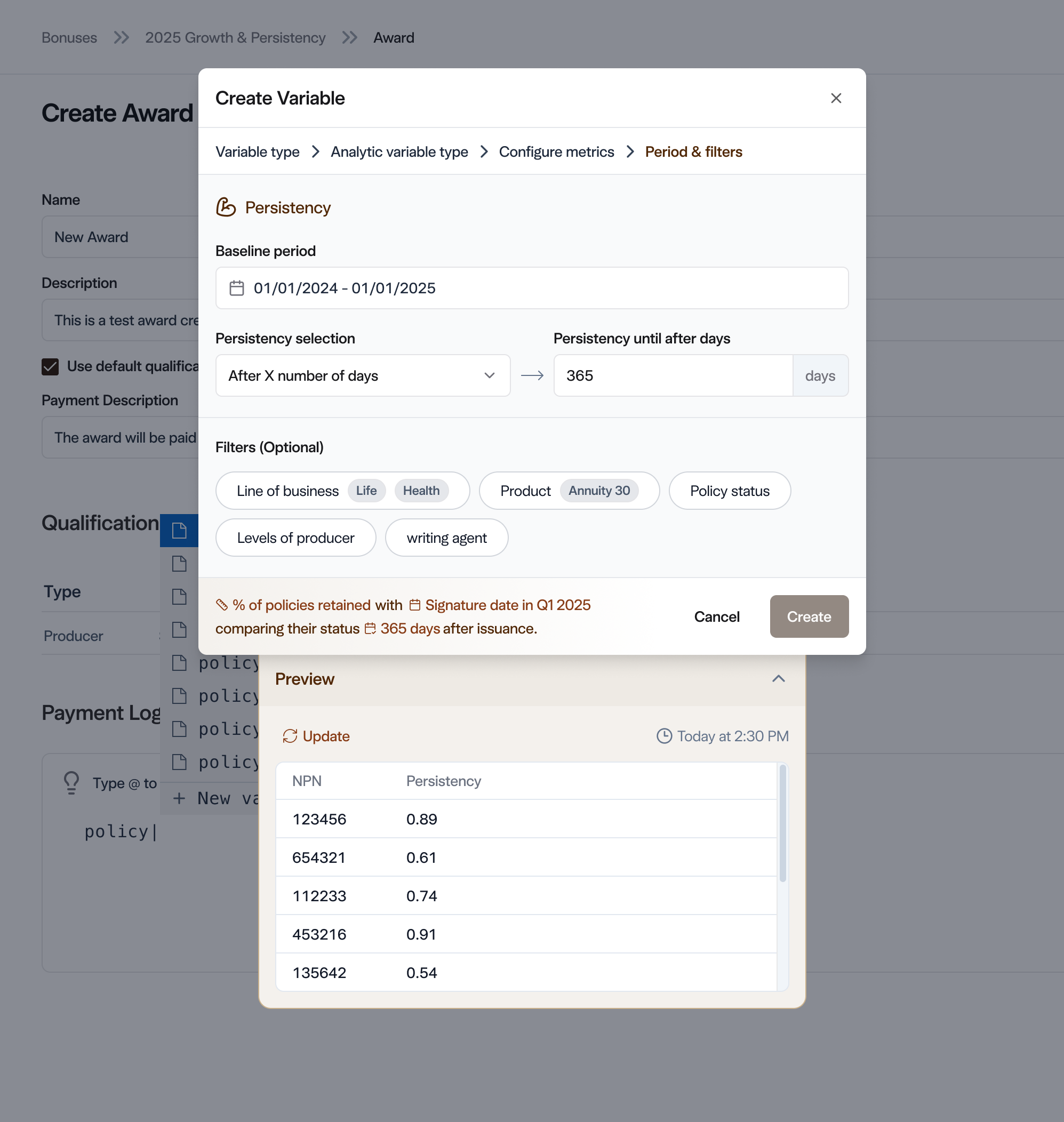 The Create Variable modal open over the Create Award screen: a persistency metric with baseline period, 365-day window, optional filters, a plain-language summary, and NPN persistency rows previewed below